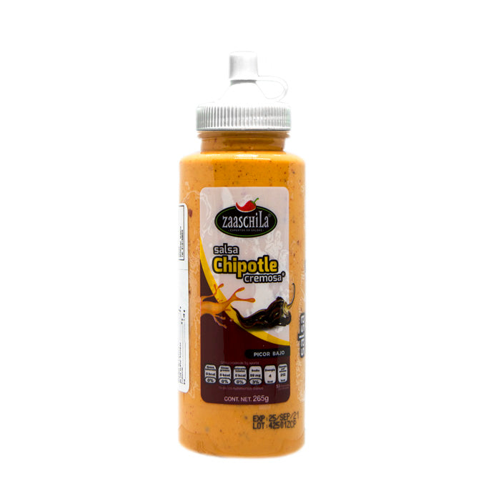 Envase plástico transparente con dosificador blanco. Etiqueta blanca y marrón de la marca zaaschila con etiquetado e imagen de un chile negro.