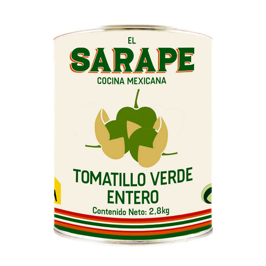 Lata de tomate verde de la marca el sarape, etiqueta blanca con letras y dibujo de tomate de color verde y sin fondo