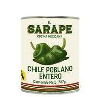 lata de chile poblano entero de la marca el sarape Etiqueta blanca con letras y dibujo del producto en color verde. Sin fondo.