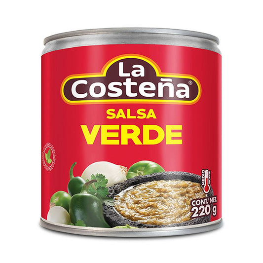 lata de salsa verde la costeña de 220 gramos, etiqueta roja con logotipo y letras amarillas con fotografia del producto acabado y sus ingredientes