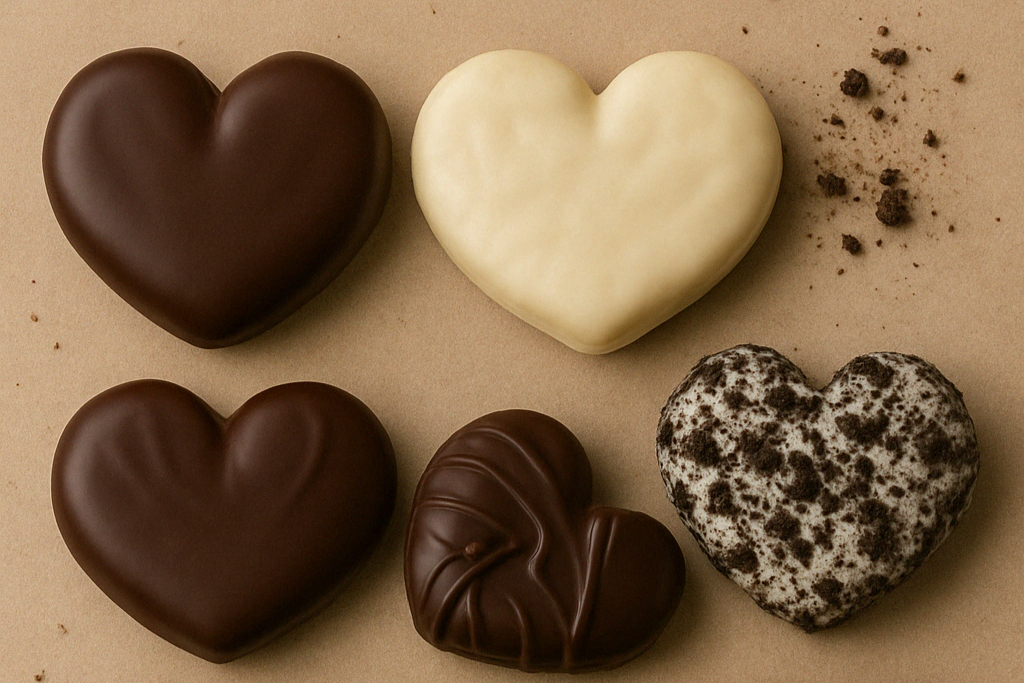 5 palmeritas de chocolate con distintas texturas y migas espolvoreadas