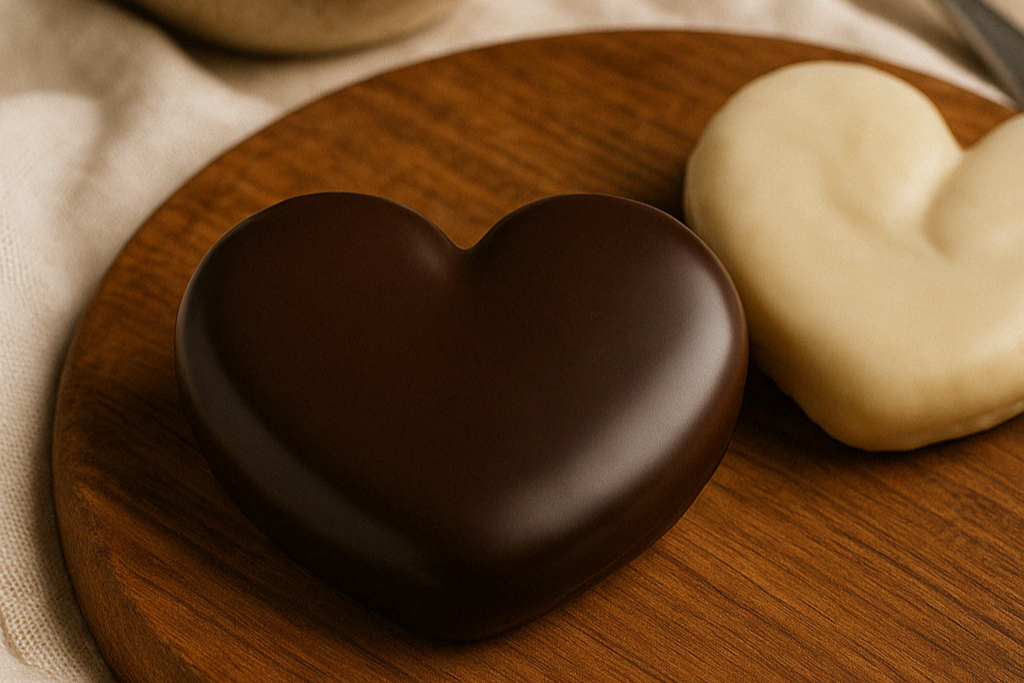 dos palmeritas de chocolate negro y blanco sobre tabla de madera