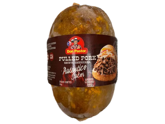 Empaque de pulled pork Don Pastor, receta americana con sabor BBQ auténtico y peso neto de 1 kg.