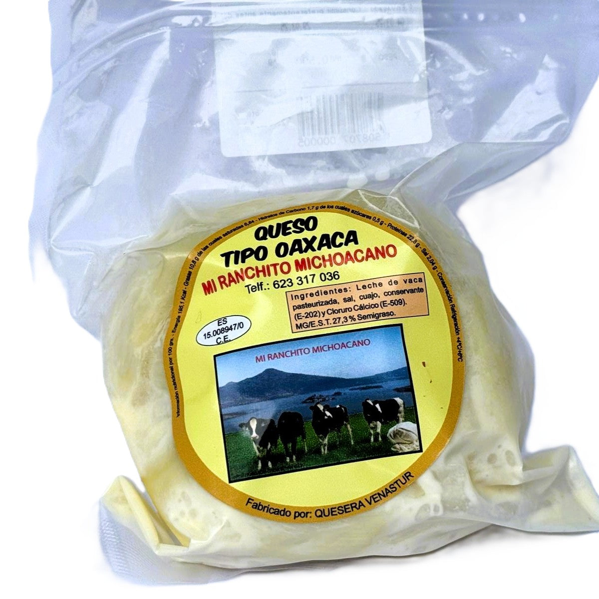 queso oaxaqueño envasado al vacío en plástico transparente con sobre etiquetado de la marca mi ranchito michoacano