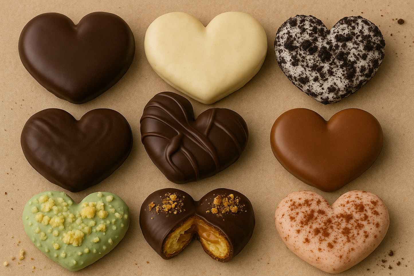 9 palmeritas surtidas de distintos sabores y colores chocolate negro blanco o pistacho entre otros