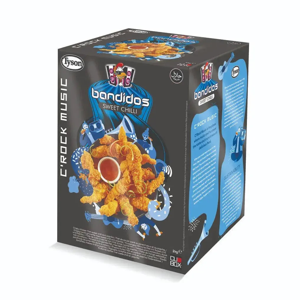 Caja de Bandidos Sweet Chilli con diseño llamativo en azul y negro, mostrando crujientes tiras de pollo con salsa incluida.