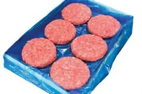 Empaque con seis hamburguesas de carne de vacuno de 200 g, perfectas para asar y disfrutar en reuniones familiares.