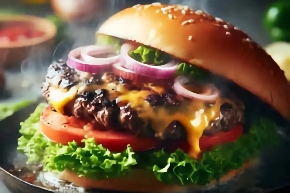 Jugosa hamburguesa con carne de vacuno, queso derretido, lechuga, tomate y cebolla morada, servida en un pan de ajonjolí.