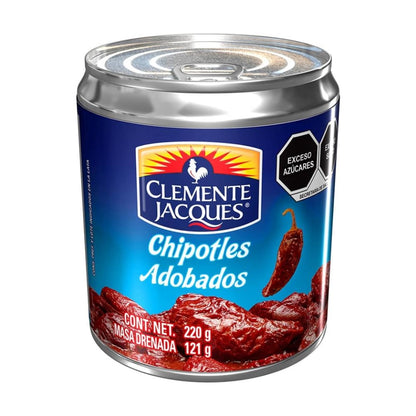 Lata de chipotles adobados Clemente Jacques de 220 g, destacando su empaque azul con pimientos en adobo listos para cocinar.