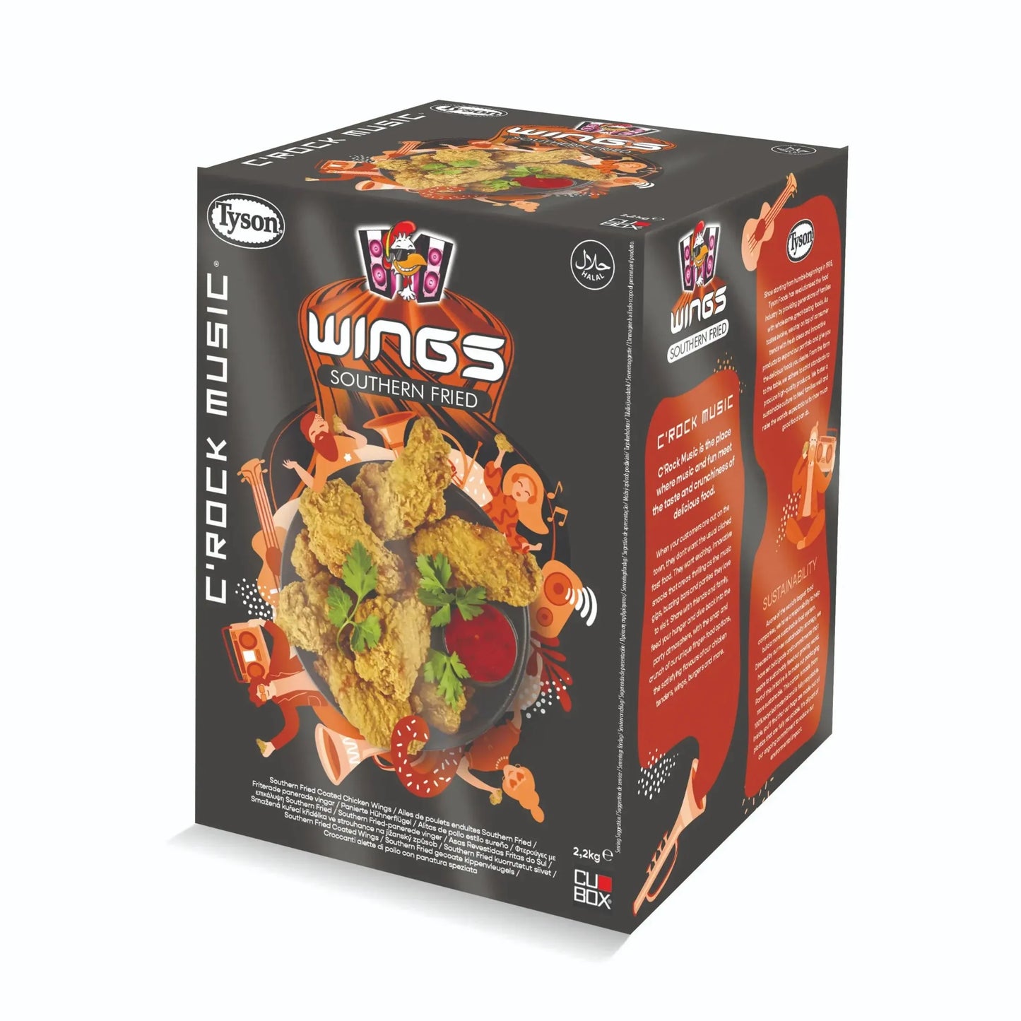 Caja de Wings Southern Fried con diseño llamativo en rojo y negro, mostrando crujientes alitas de pollo con salsa incluida.