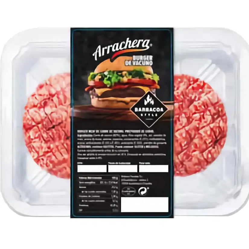 Envase de hamburguesas Arrachera de vacuno, ideal para parrilladas y comidas rápidas, con diseño atractivo y práctico