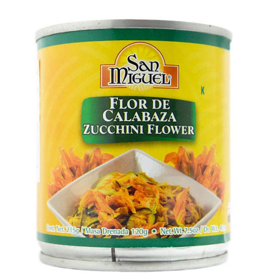 Lata de flor de calabaza San Miguel de 215 g, ideal para preparar platillos tradicionales mexicanos con ingredientes frescos.