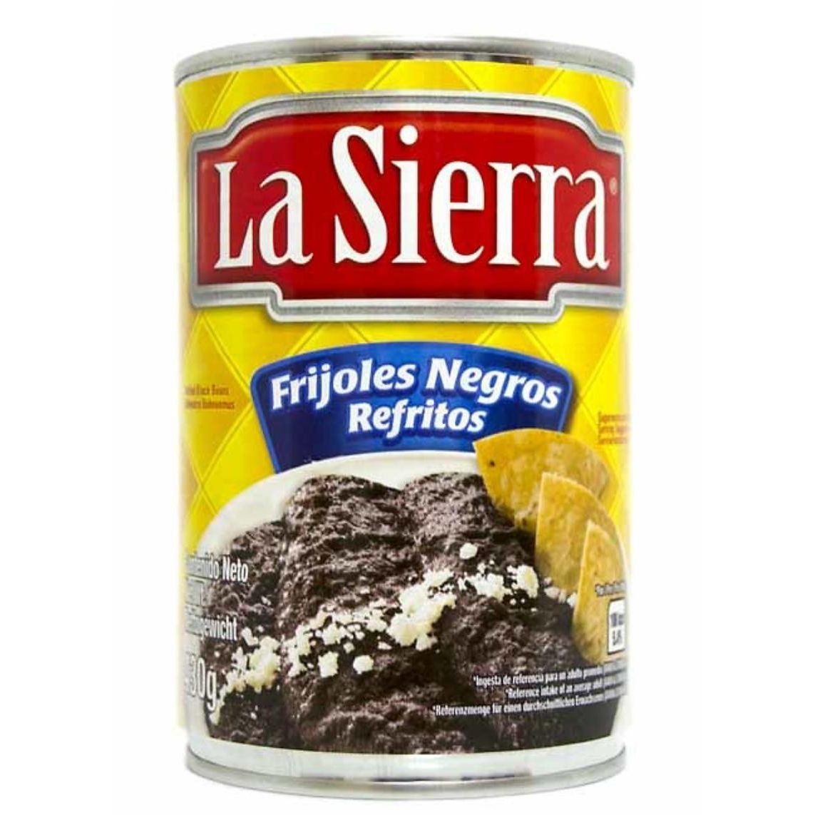 Lata de frijoles negros refritos La Sierra de 430 g, listos para servir y acompañar tus comidas favoritas.