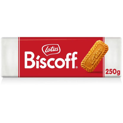 Sobre blanco envase de la marca Biscoff, etiqueta roja sobre blanco e imagen impresa en la etiqueta de una galleta