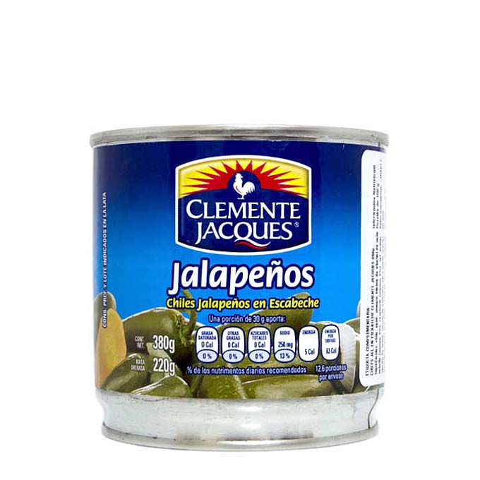 Lata de jalapeños en escabeche Clemente Jacques de 380g, listos para acompañar tus comidas con un toque picante.