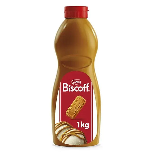 envase plástico exprimible de un kilogramo de crema de galletas lotus biscoff con etiqueta y tapón rojos sobre fondo blanco