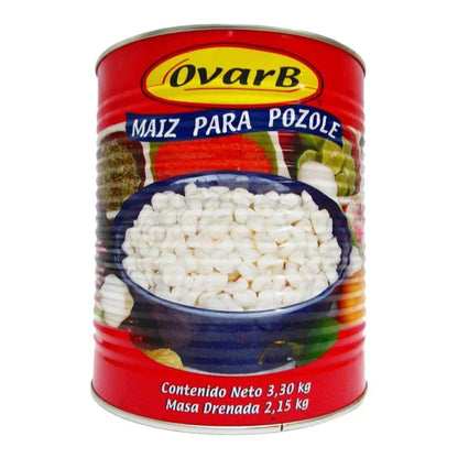 Lata de maíz para pozole marca OvarB, con diseño rojo y foto de granos blancos en un tazón azul.