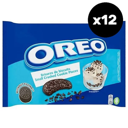 sobre blanco envase plástico azul de galletas oreo con su marca e imagen. Sello con la leyenda por 12