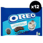 sobre blanco envase plástico azul de galletas oreo con su marca e imagen. Sello con la leyenda por 12