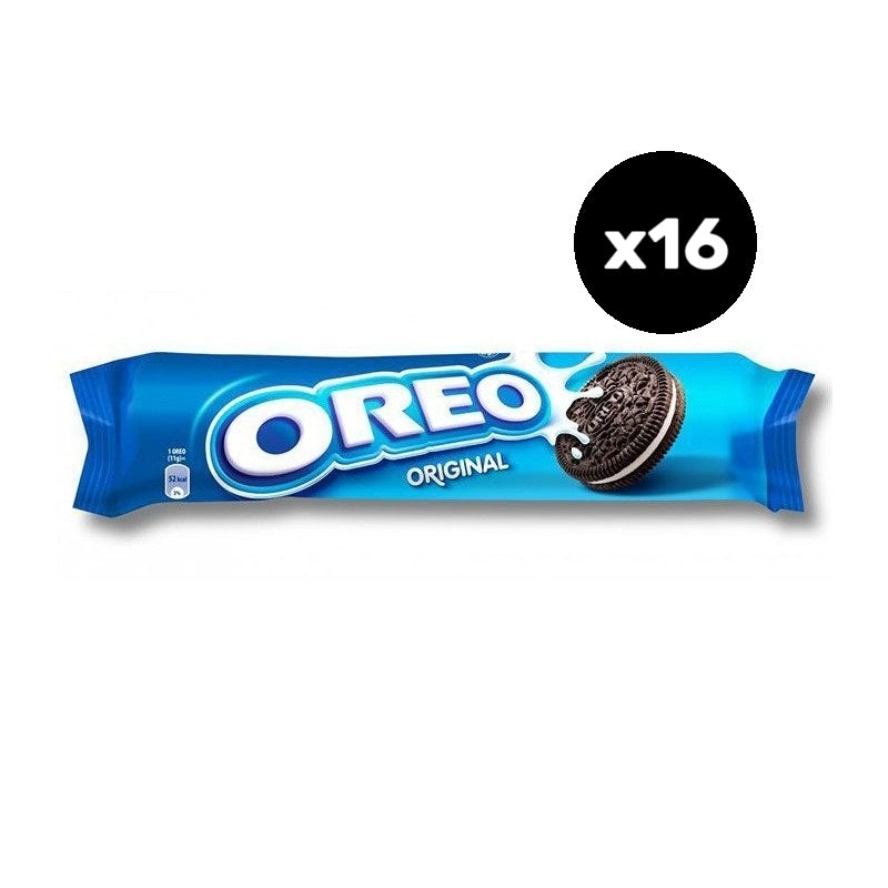 envase plastico azul  en forma de cilindro con galletas de la marcca oreo. sello con la leyenda por 16