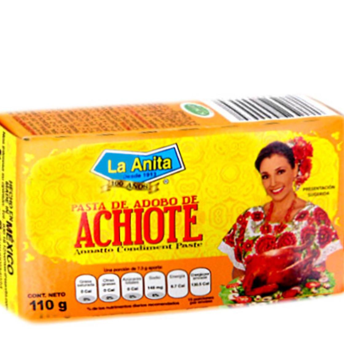 Caja de pasta de achiote marca La Anita con diseño amarillo vibrante, mostrando el producto ideal para adobos y condimentos