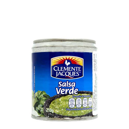 Lata de salsa verde Clemente Jacques de 220g, etiqueta azul y valores nutricionales.