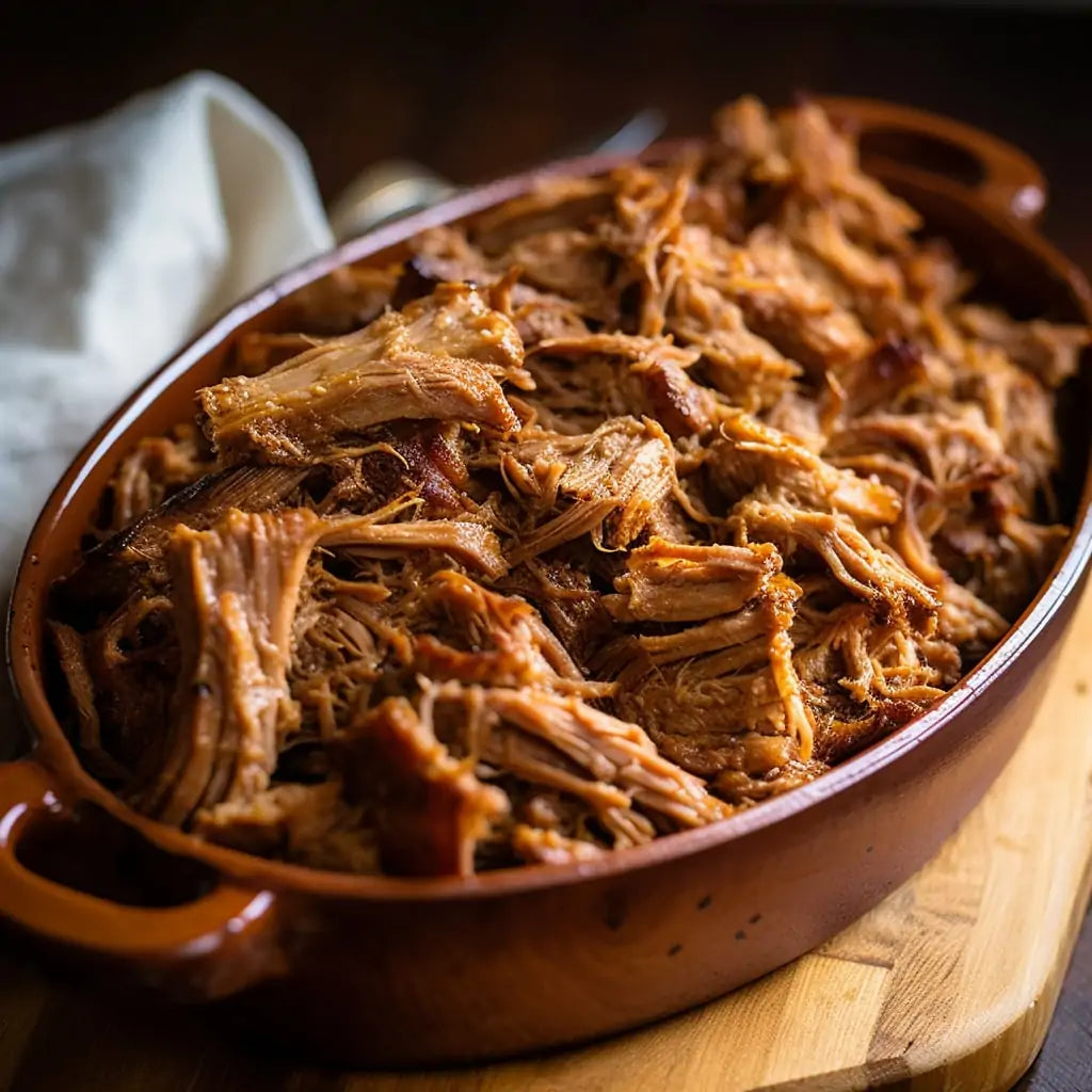 Fuente de cerámica llena de cochinita pibil desmenuzada, mostrando su textura jugosa y aroma delicioso.