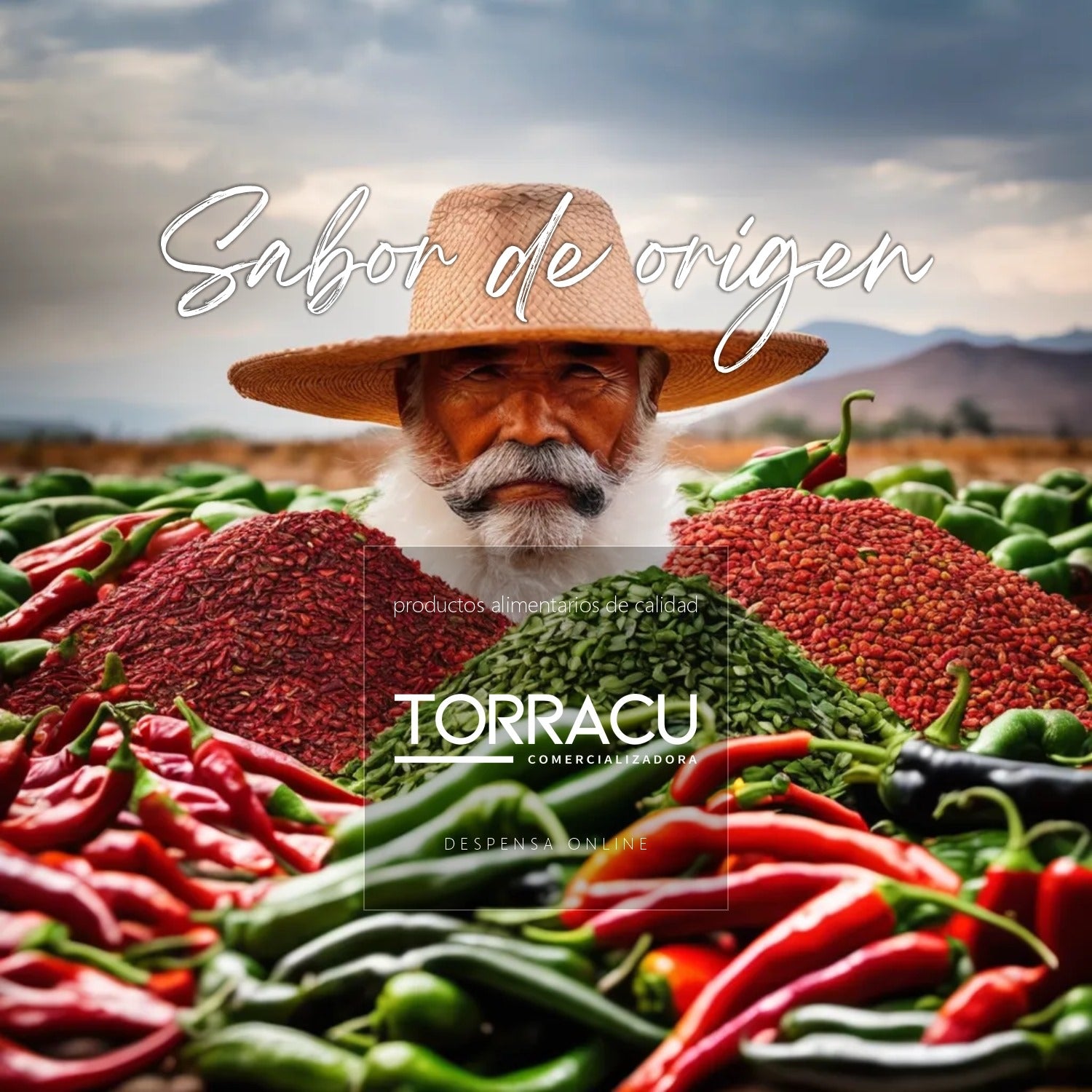 Hombre con sombrero en campo de chiles frescos y secos con el texto "Sabor de origen" y marca Torracu.