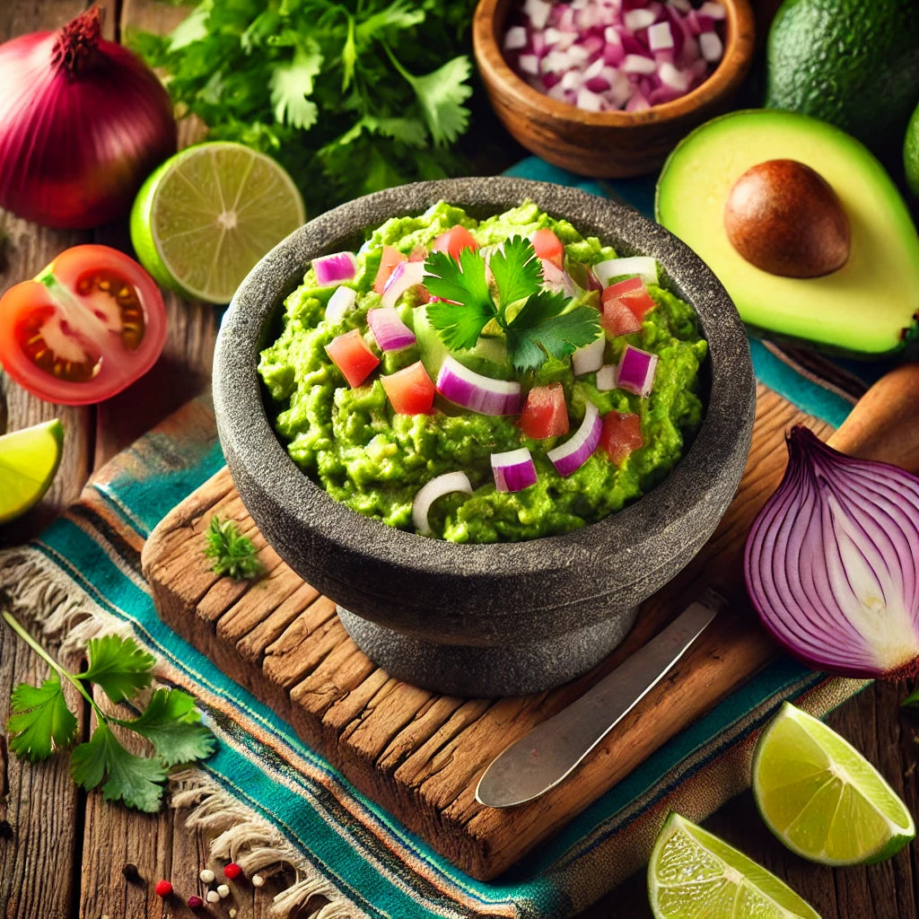 Una imagen detallada de un guacamole fresco en un tazón, rodeado de ingredientes como aguacates partidos, limas cortadas, tomates picados, cebolla y hojas de cilantro. El guacamole luce cremoso y lleno de color, con una textura suave y trozos de los ingredientes mezclados.