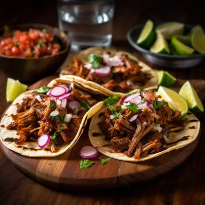 Tacos de cochinita pibil servidos en tortillas de maíz, decorados con rábanos, cebolla y cilantro, acompañados de limón fresco.