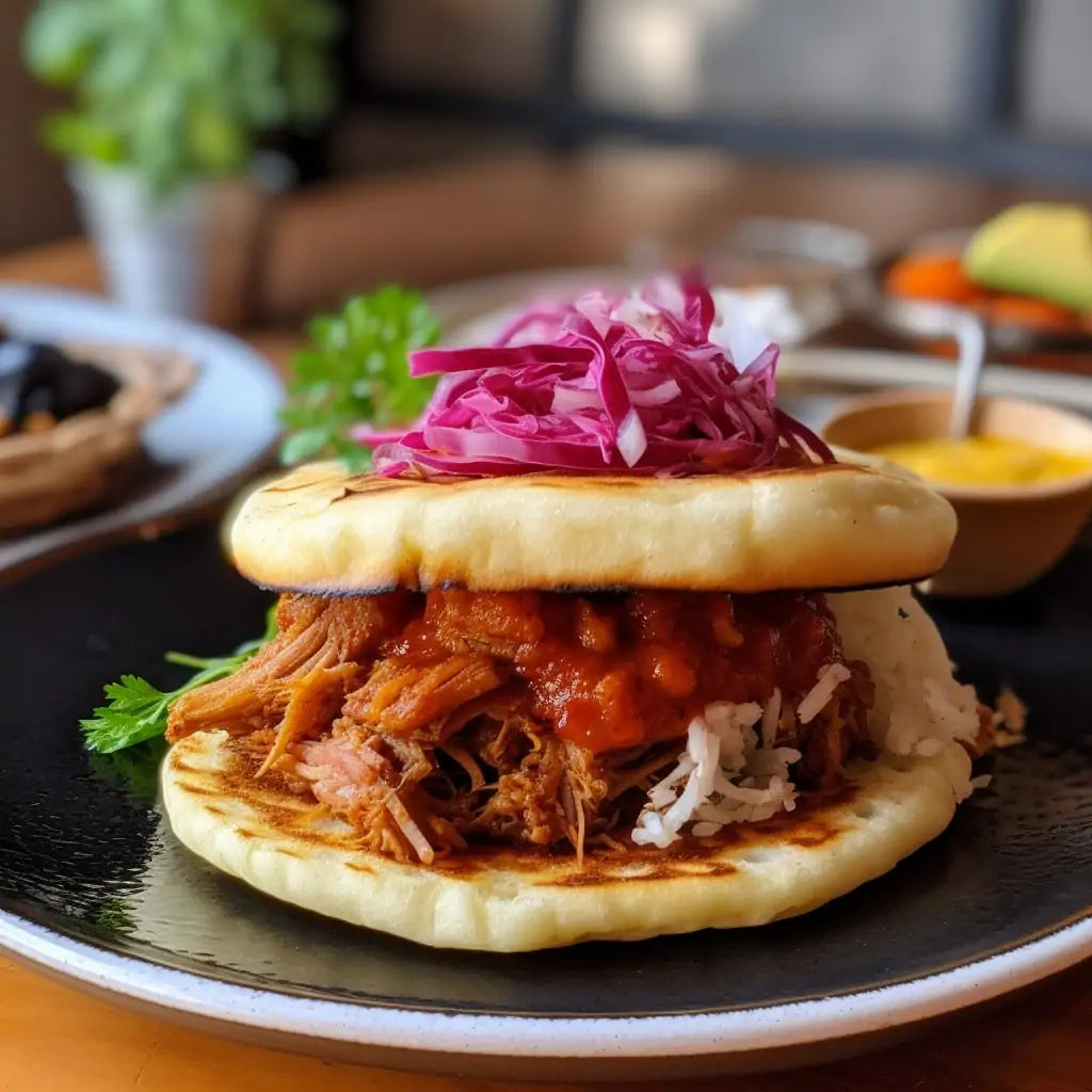 Torta de cochinita pibil con salsa roja, repollo morado y arroz, presentada en un plato moderno para una comida completa.