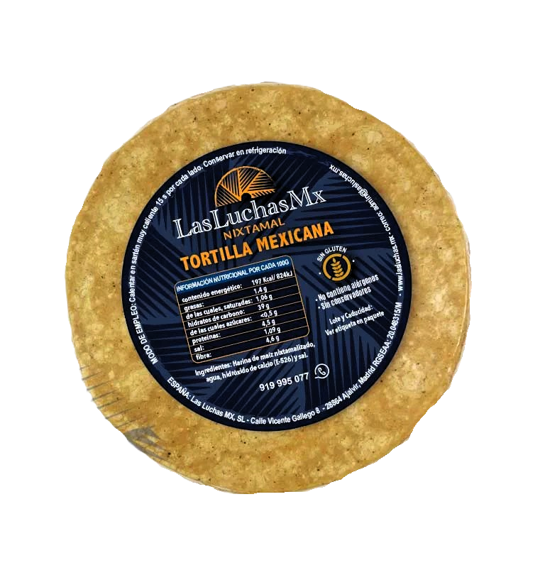 Empaque de tortillas "Las Luchas MX", nixtamalizadas, sin gluten, ideales para una dieta saludable y auténtica.