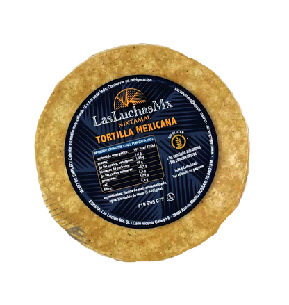 Empaque de tortillas "Las Luchas MX", nixtamalizadas, sin gluten, ideales para una dieta saludable y auténtica.