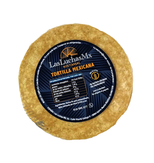 Empaque de tortillas "Las Luchas MX", nixtamalizadas, sin gluten, ideales para una dieta saludable y auténtica.