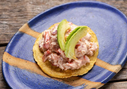 Tostada crujiente con mezcla cremosa de aguacate y ensalada fresca sobre plato artesanal.